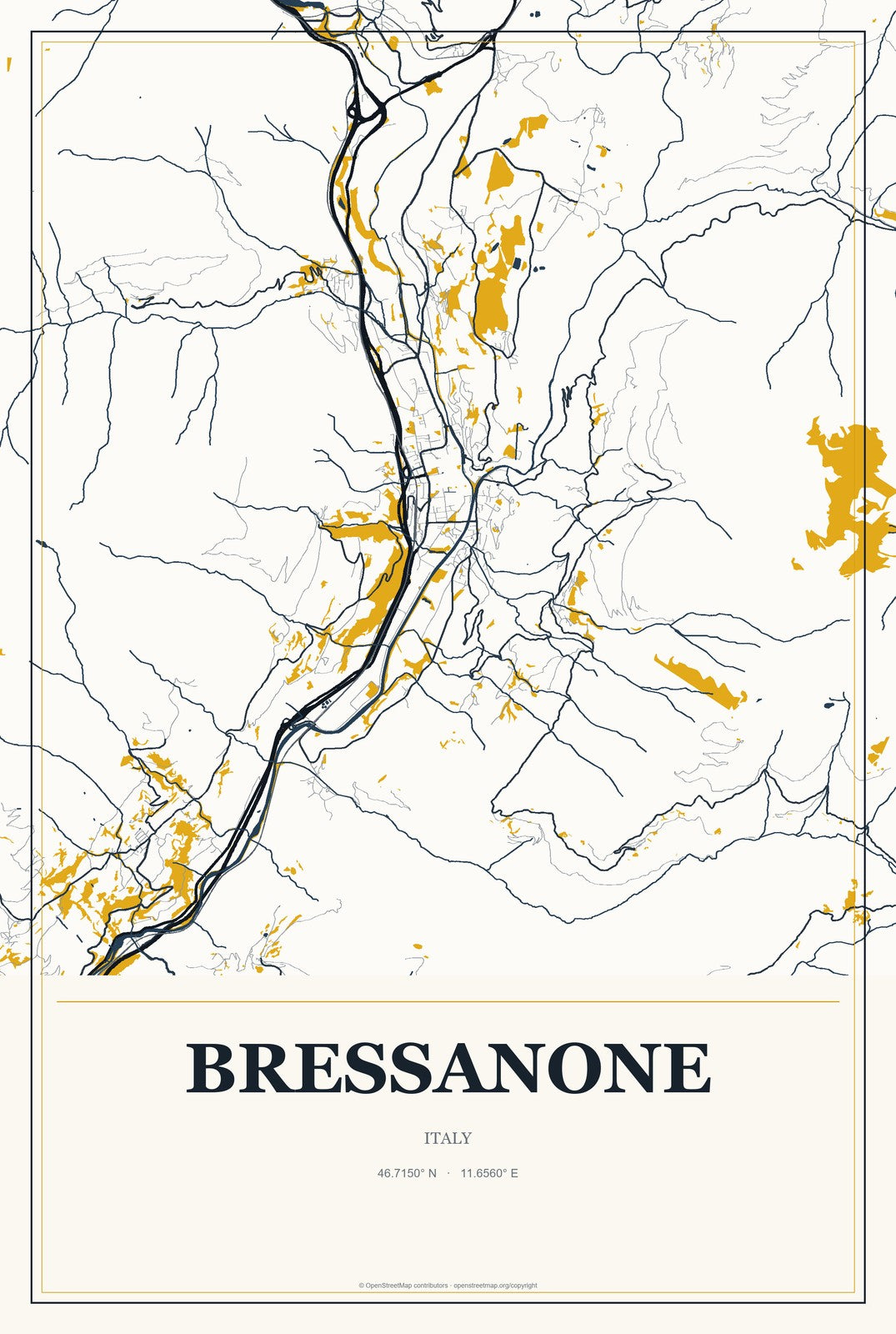 Bressanone, Italy City Map Aluminum Sign in Citrine Modern style