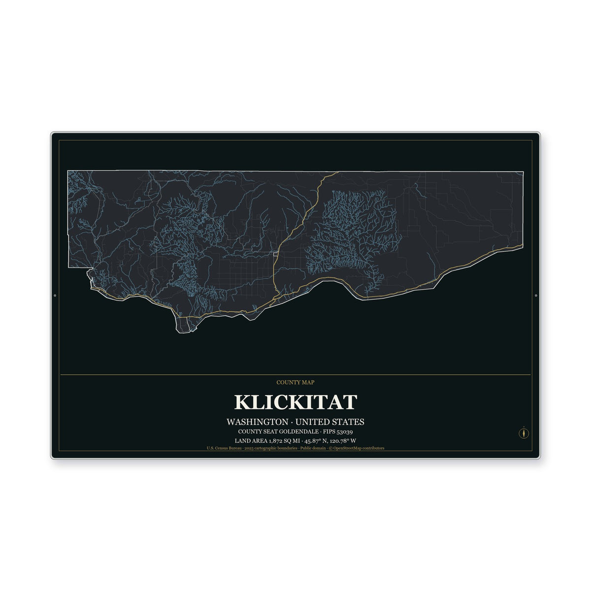 Klickitat County, Washington Map Aluminum Sign in Metropolitan Noir style