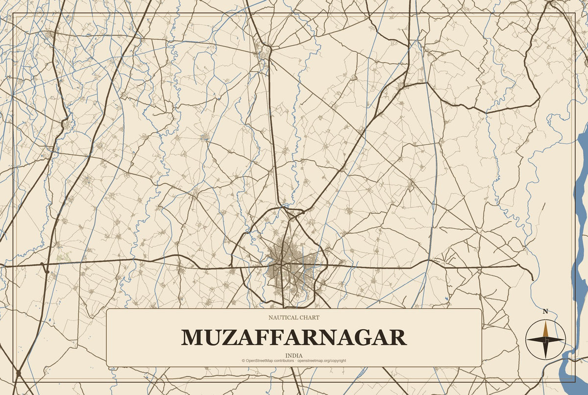 Muzaffarnagar, India City Map Aluminum Sign in Heritage Nautical style