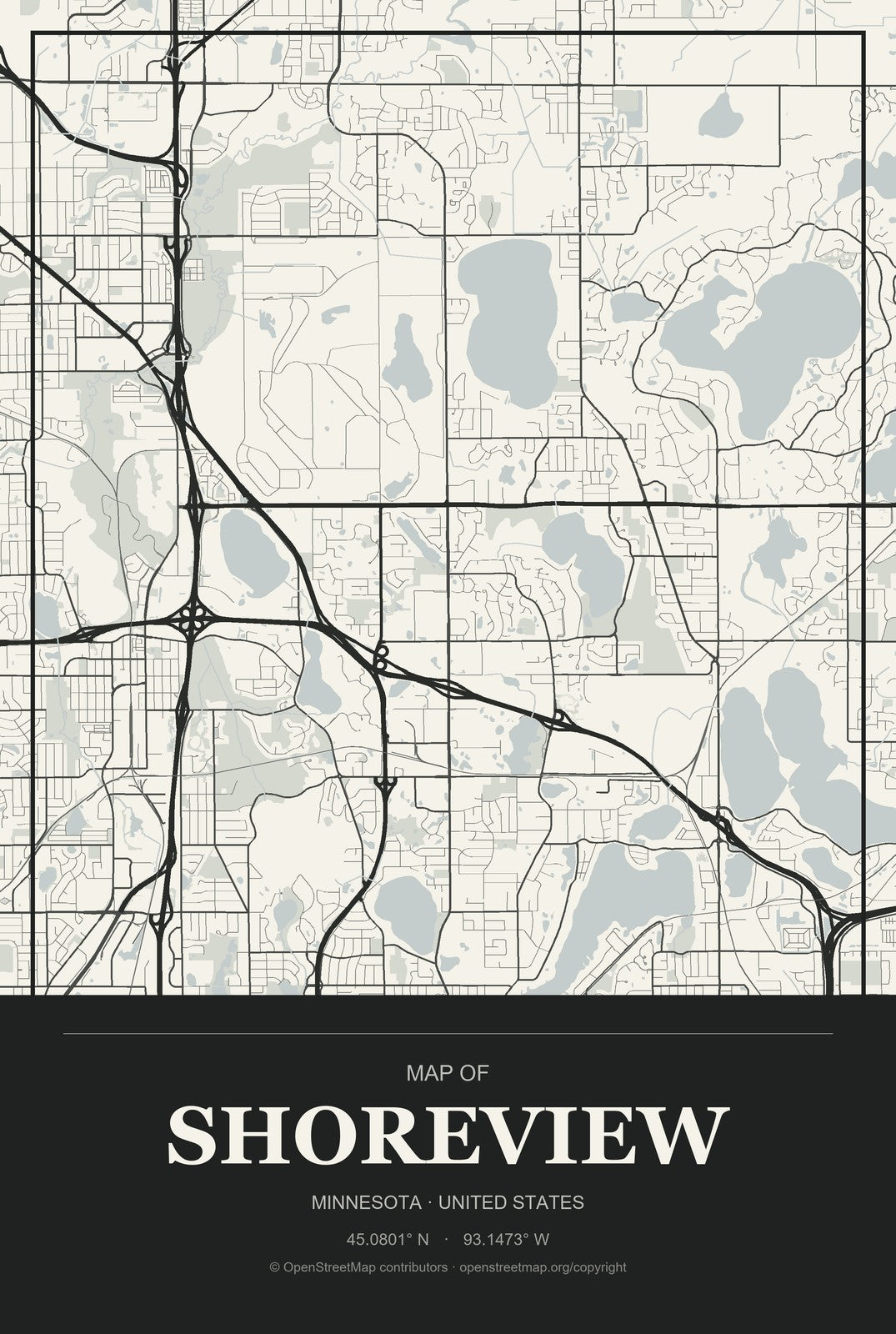 Shoreview, Minnesota City Map Aluminum Sign in Museum Plaque style