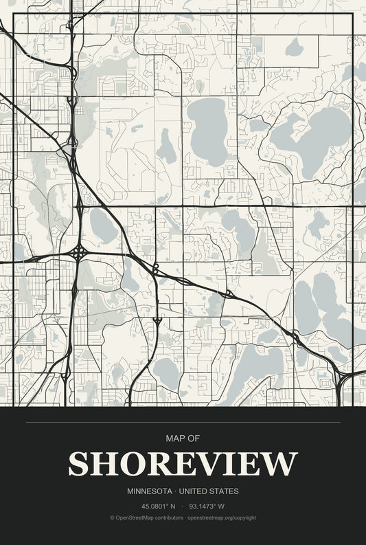 Shoreview, Minnesota City Map Aluminum Sign in Museum Plaque style