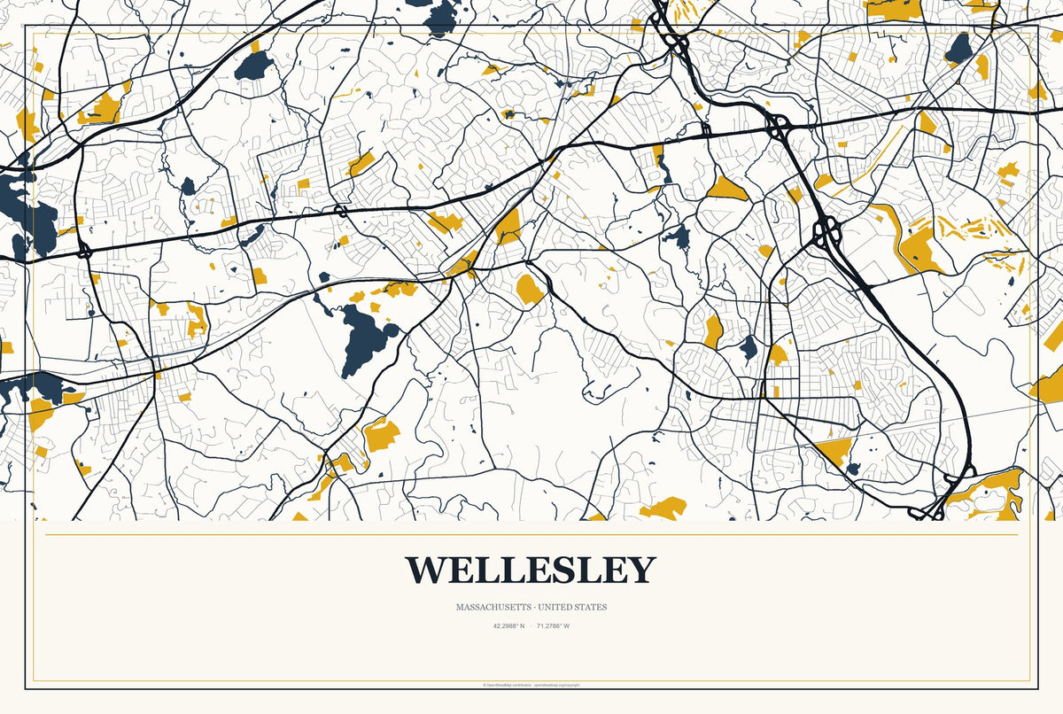 Wellesley, Massachusetts City Map Aluminum Sign in Citrine Modern style