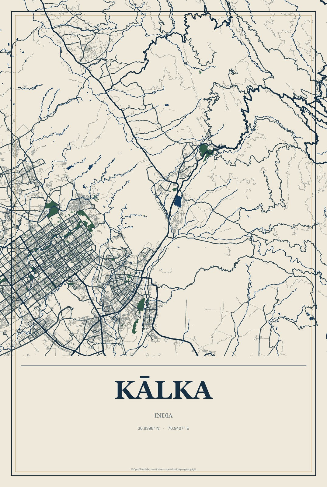 Kālka, India City Map Aluminum Sign in Coastal Cutout style