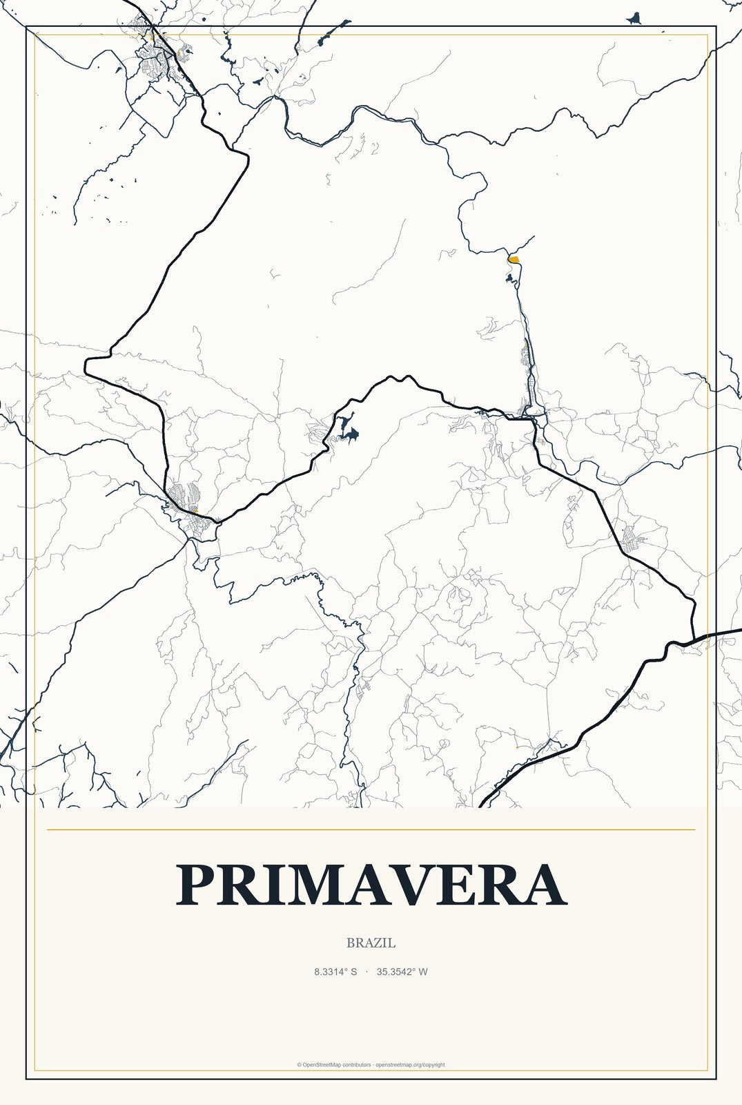 Primavera, Pará, Brazil City Map Aluminum Sign in Citrine Modern style