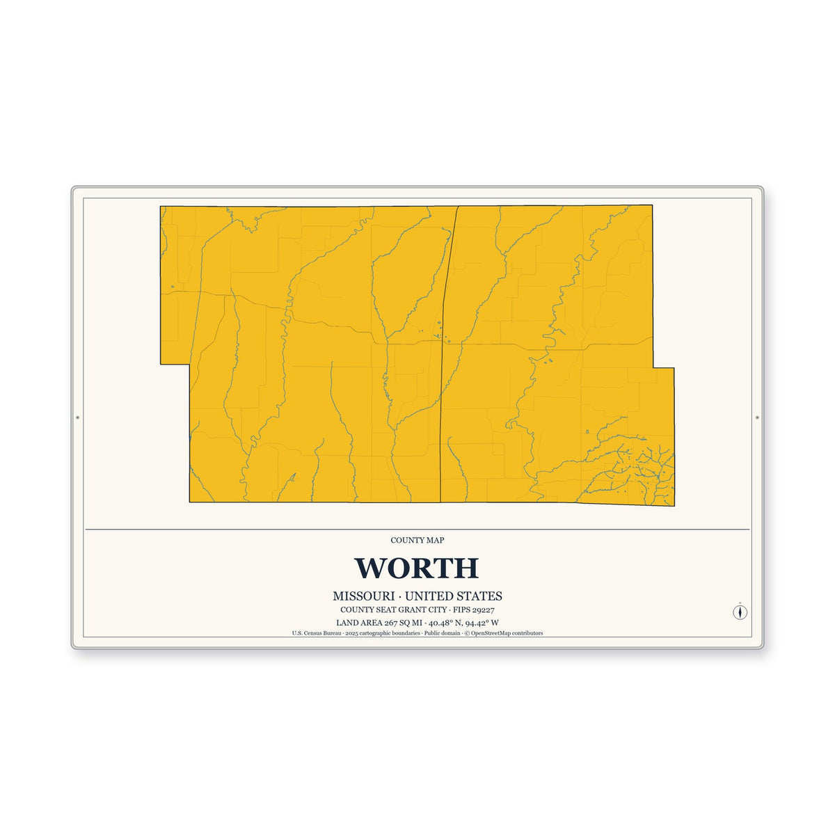 Worth County, Missouri Map Aluminum Sign in Citrine Modern style