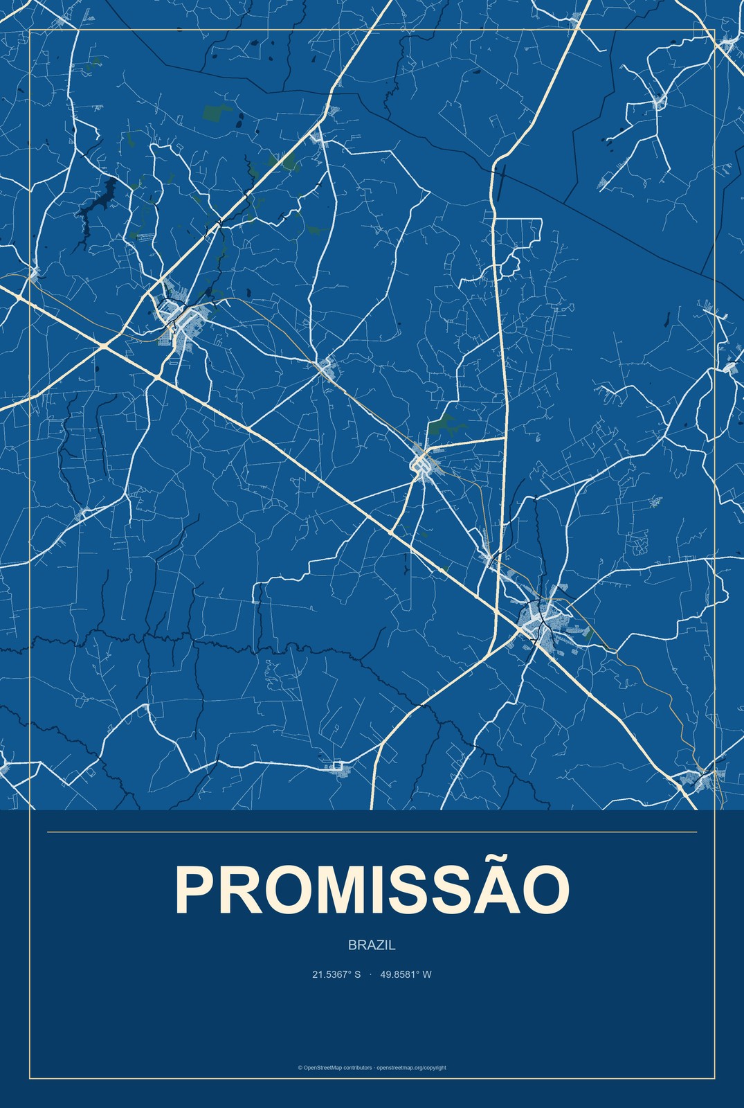 Promissão, Brazil City Map Aluminum Sign in Harbor Cobalt style