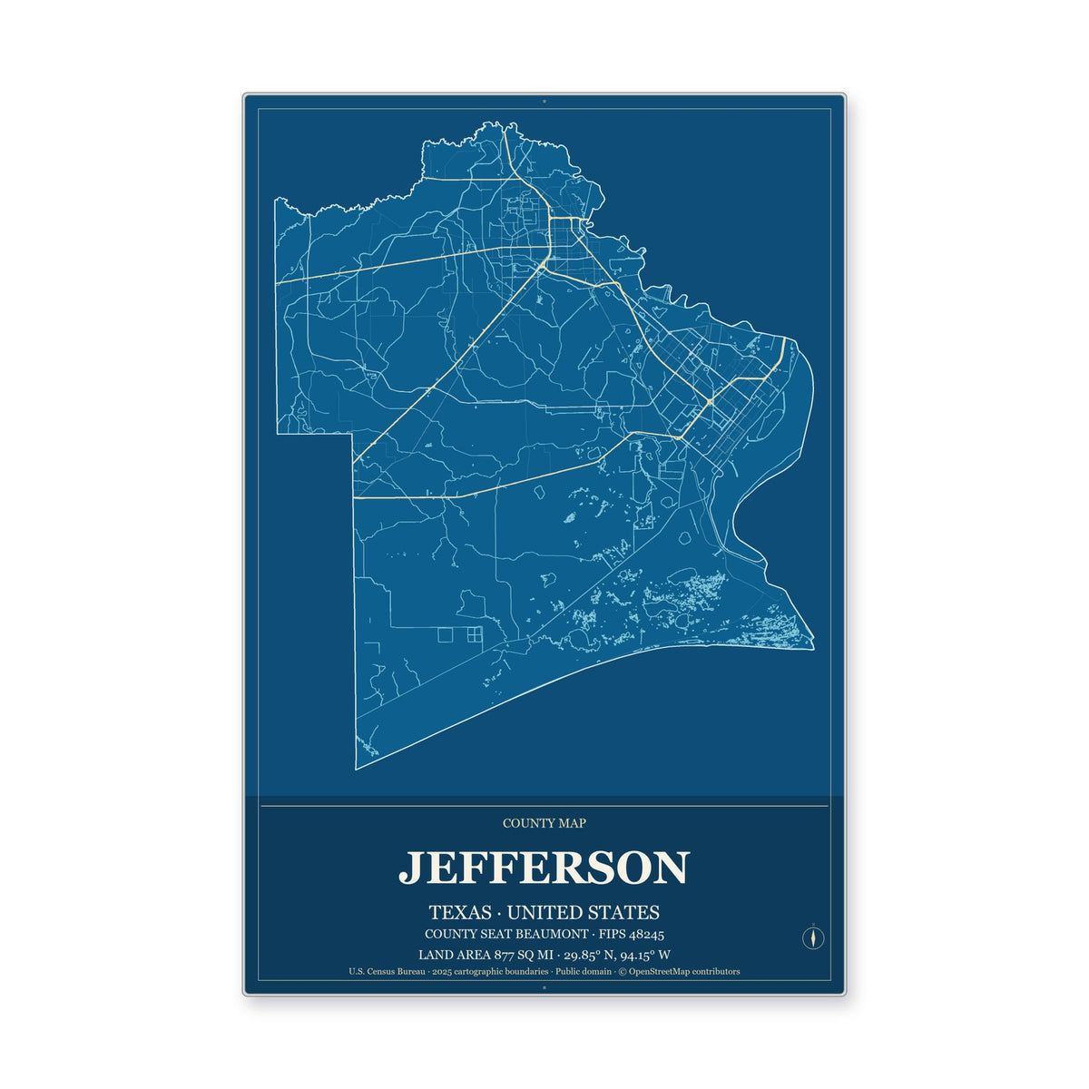 Jefferson County, Texas Map Aluminum Sign in Harbor Cobalt style