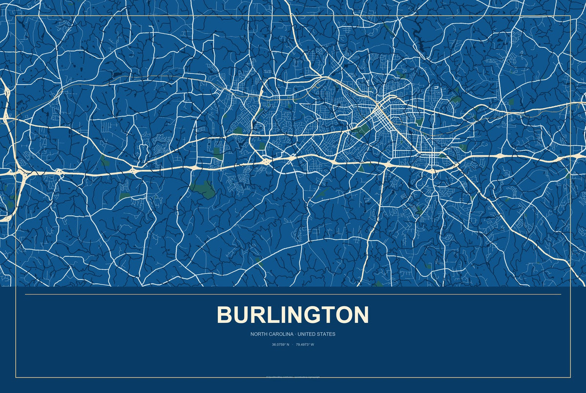 Burlington, North Carolina City Map Aluminum Sign in Harbor Cobalt style