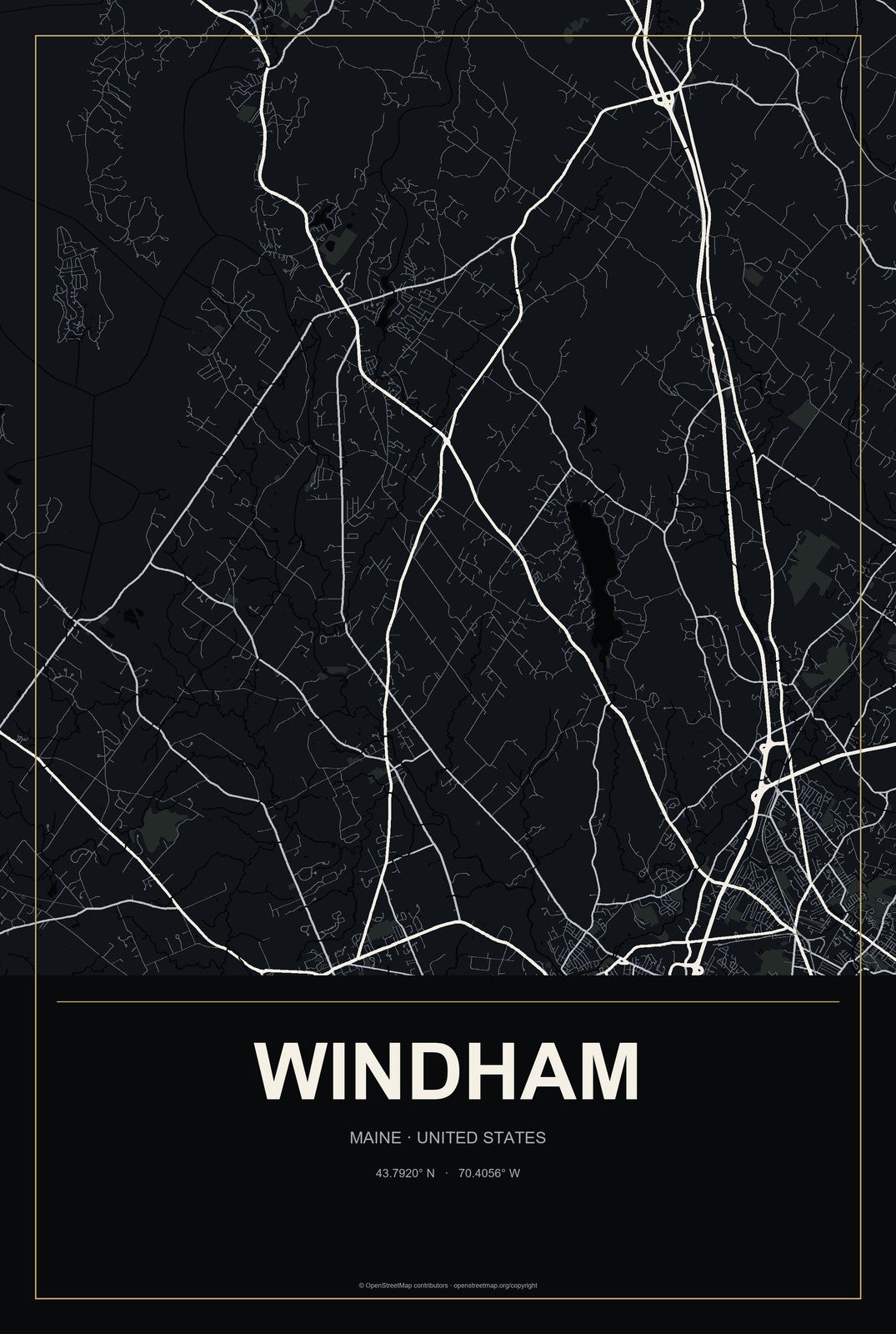 Windham, Maine City Map Aluminum Sign in Metropolitan Noir style