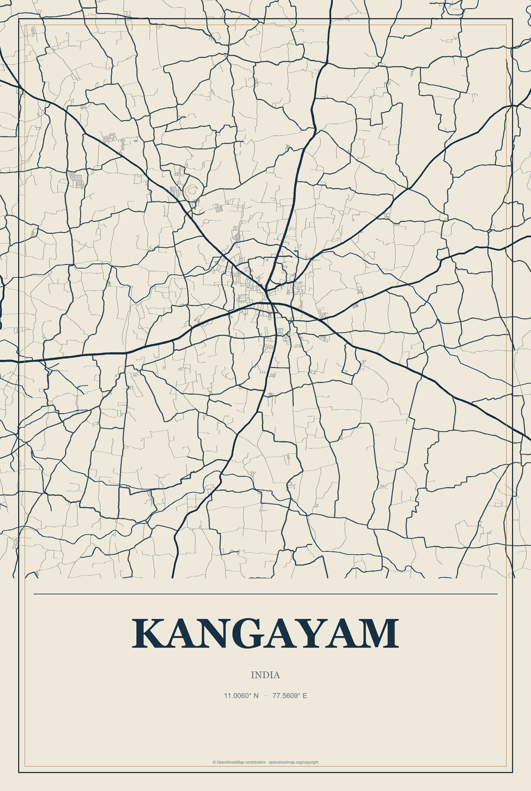 Kangayam, India City Map Aluminum Sign in Coastal Cutout style