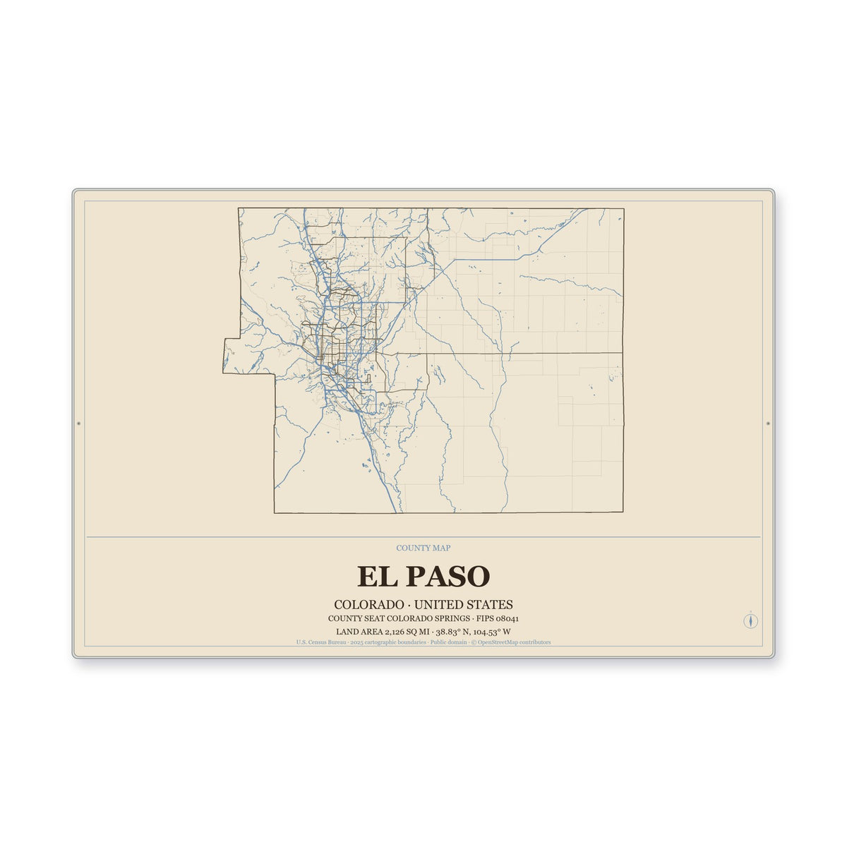 El Paso County, Colorado Map Aluminum Sign in Heritage Nautical style