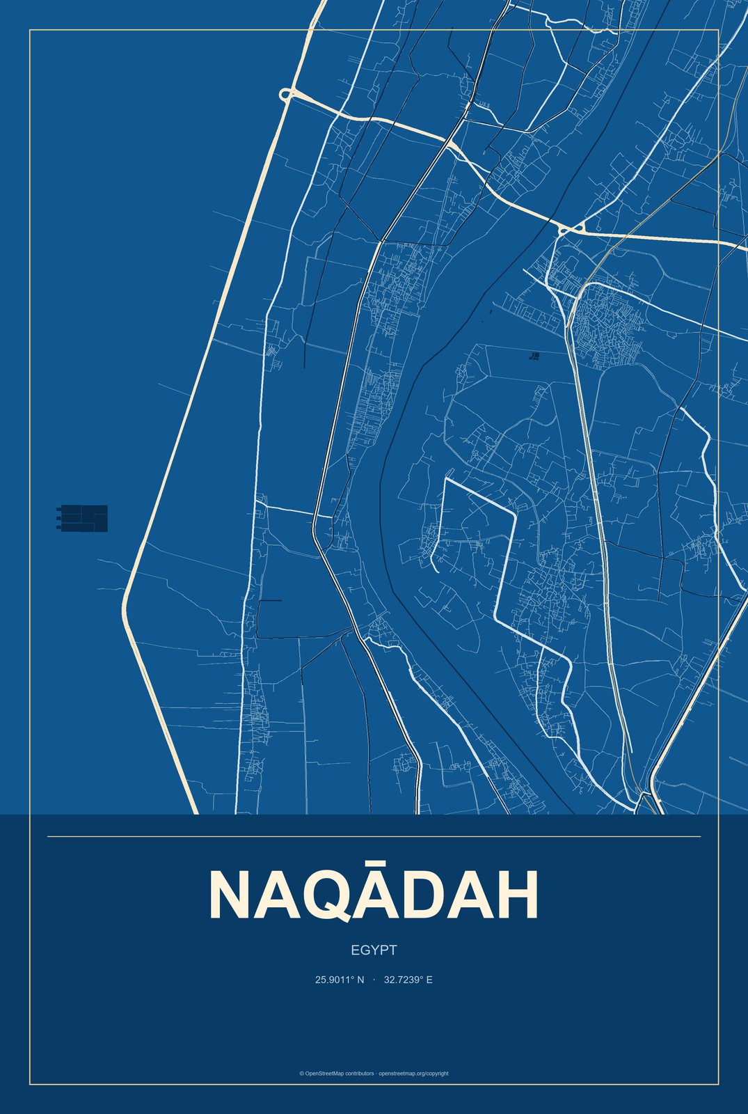 Naqādah, Egypt City Map Aluminum Sign in Harbor Cobalt style