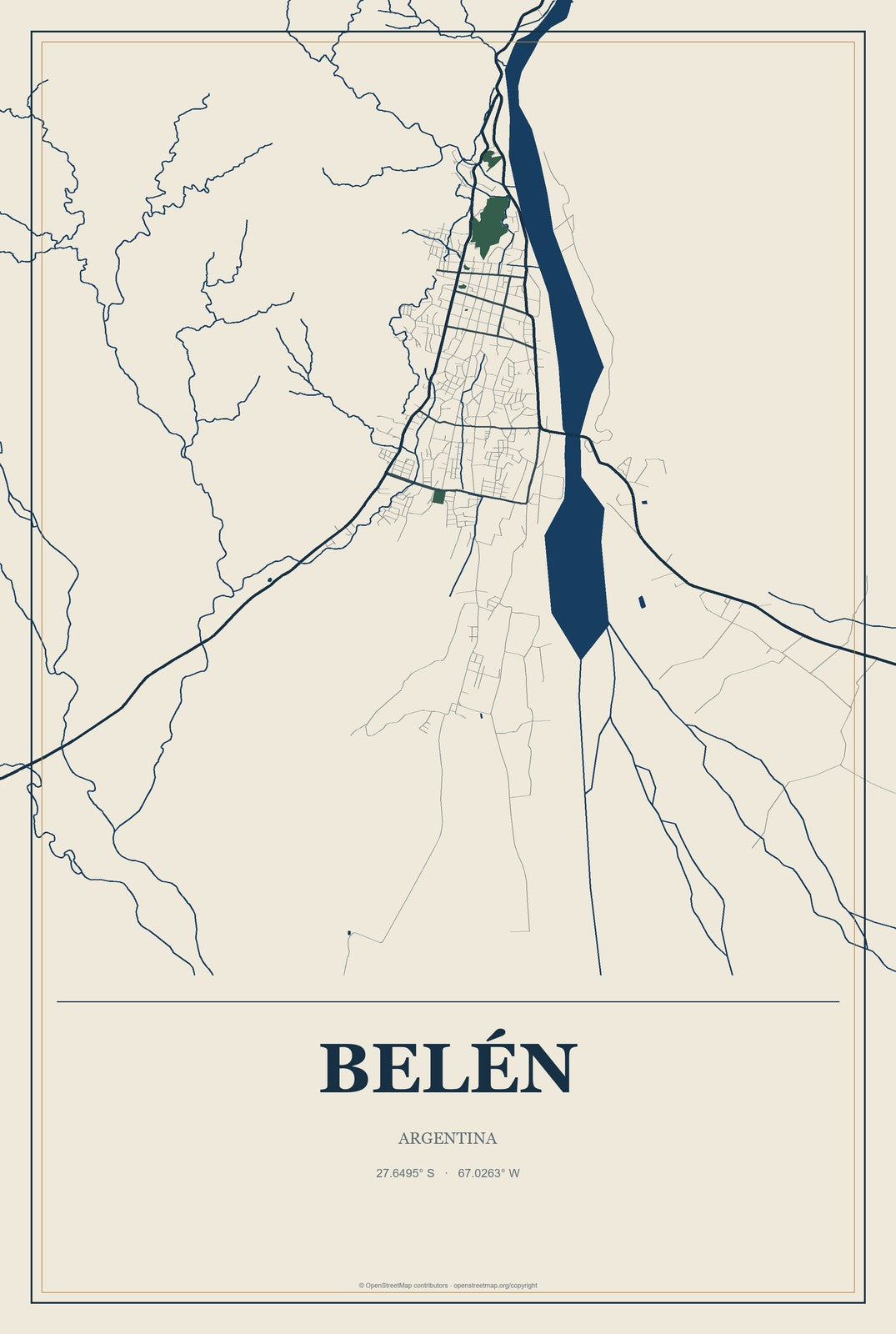 Belén, Argentina City Map Aluminum Sign in Coastal Cutout style