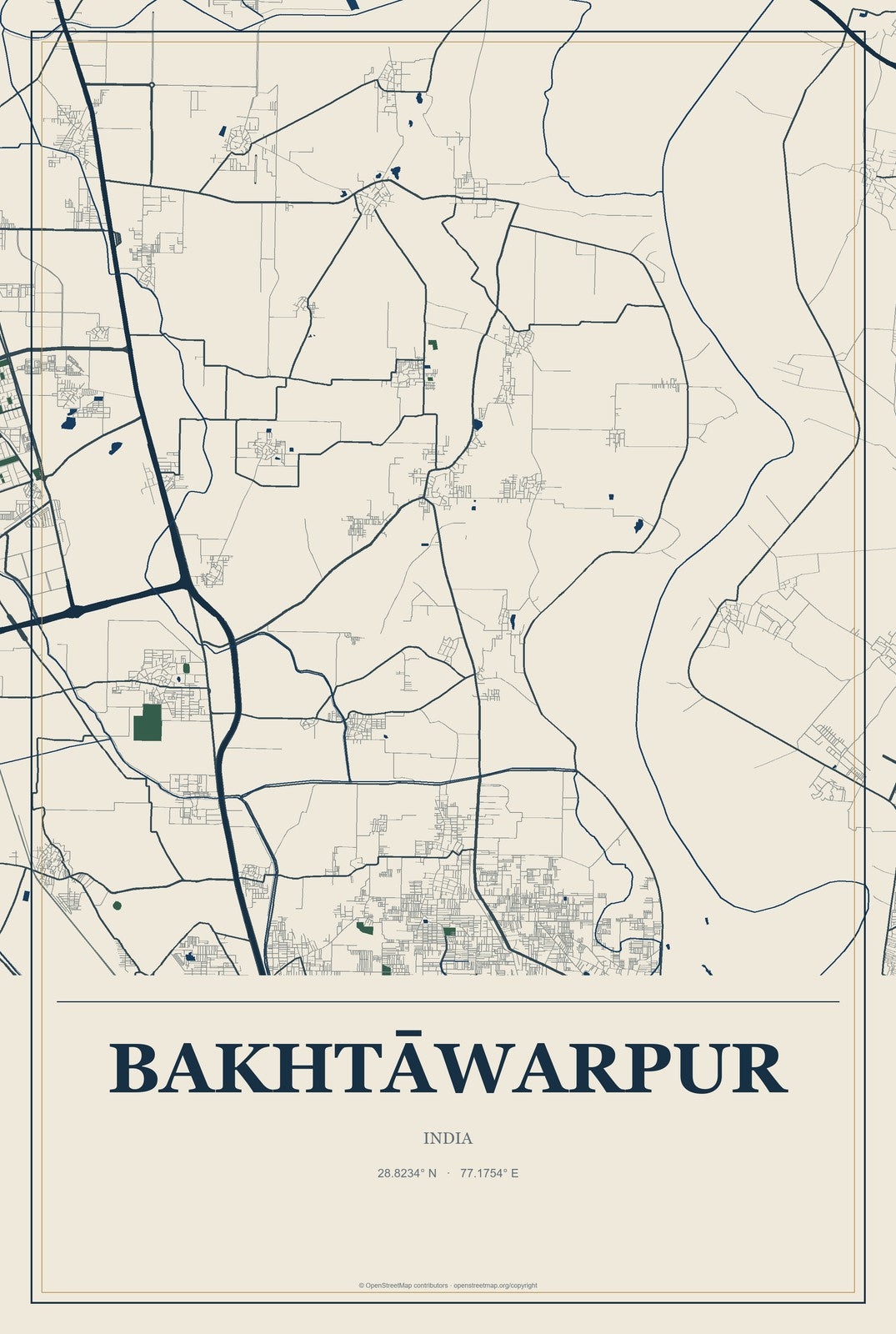 Bakhtāwarpur, India City Map Aluminum Sign in Coastal Cutout style