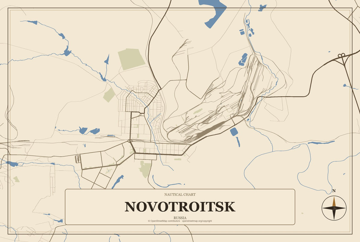 Novotroitsk, Russia City Map Aluminum Sign in Heritage Nautical style