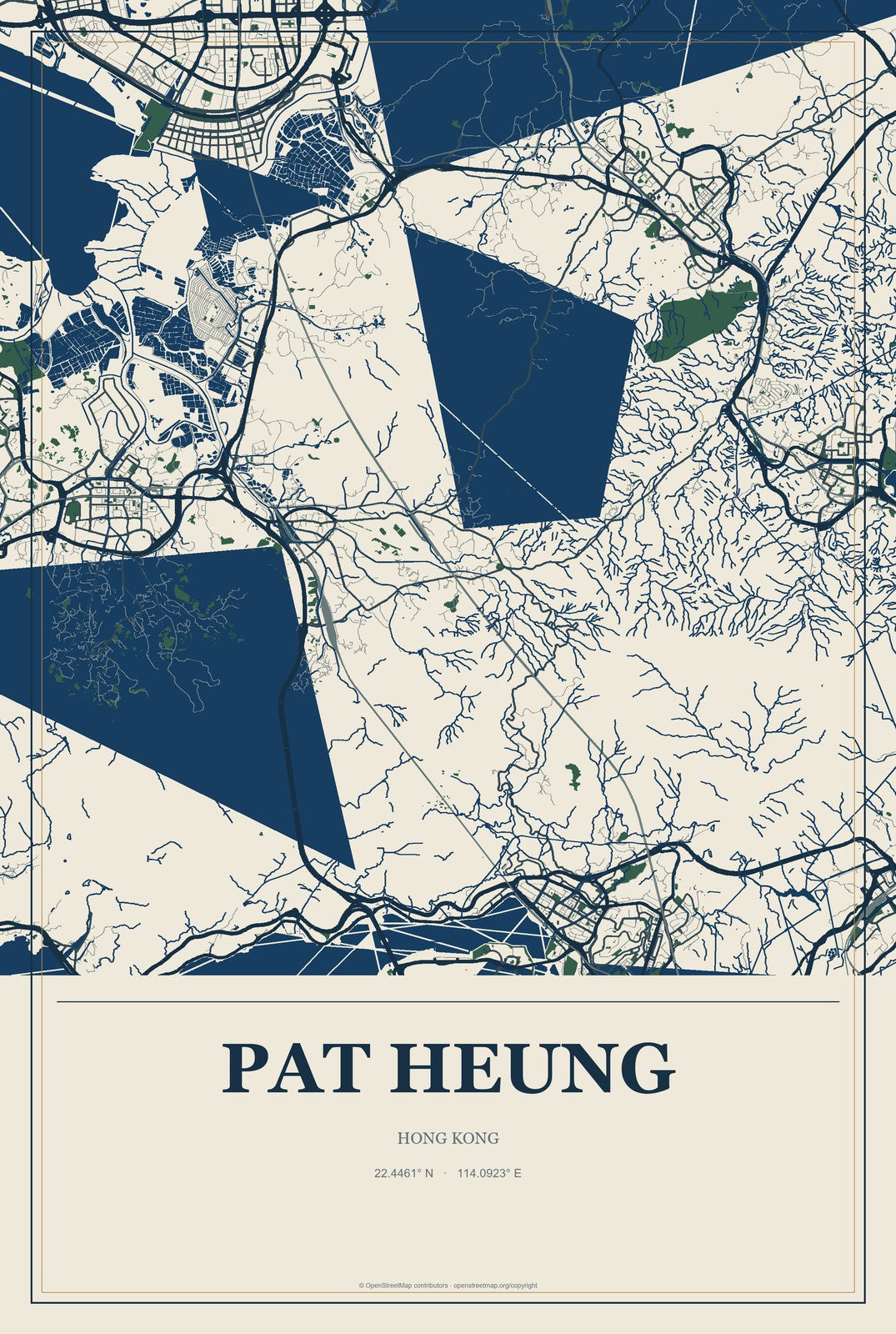Pat Heung, Hong Kong City Map Aluminum Sign in Coastal Cutout style