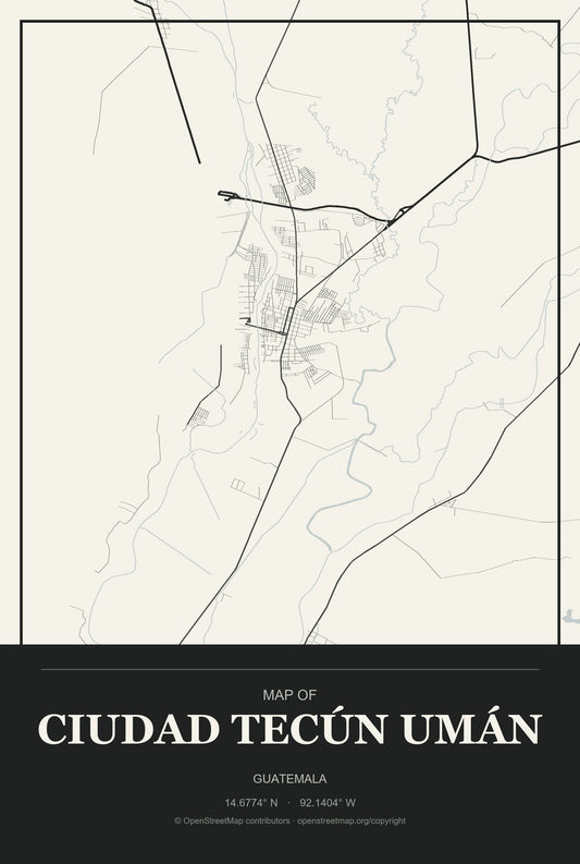 Ciudad Tecún Umán, Guatemala City Map Aluminum Sign in Museum Plaque style