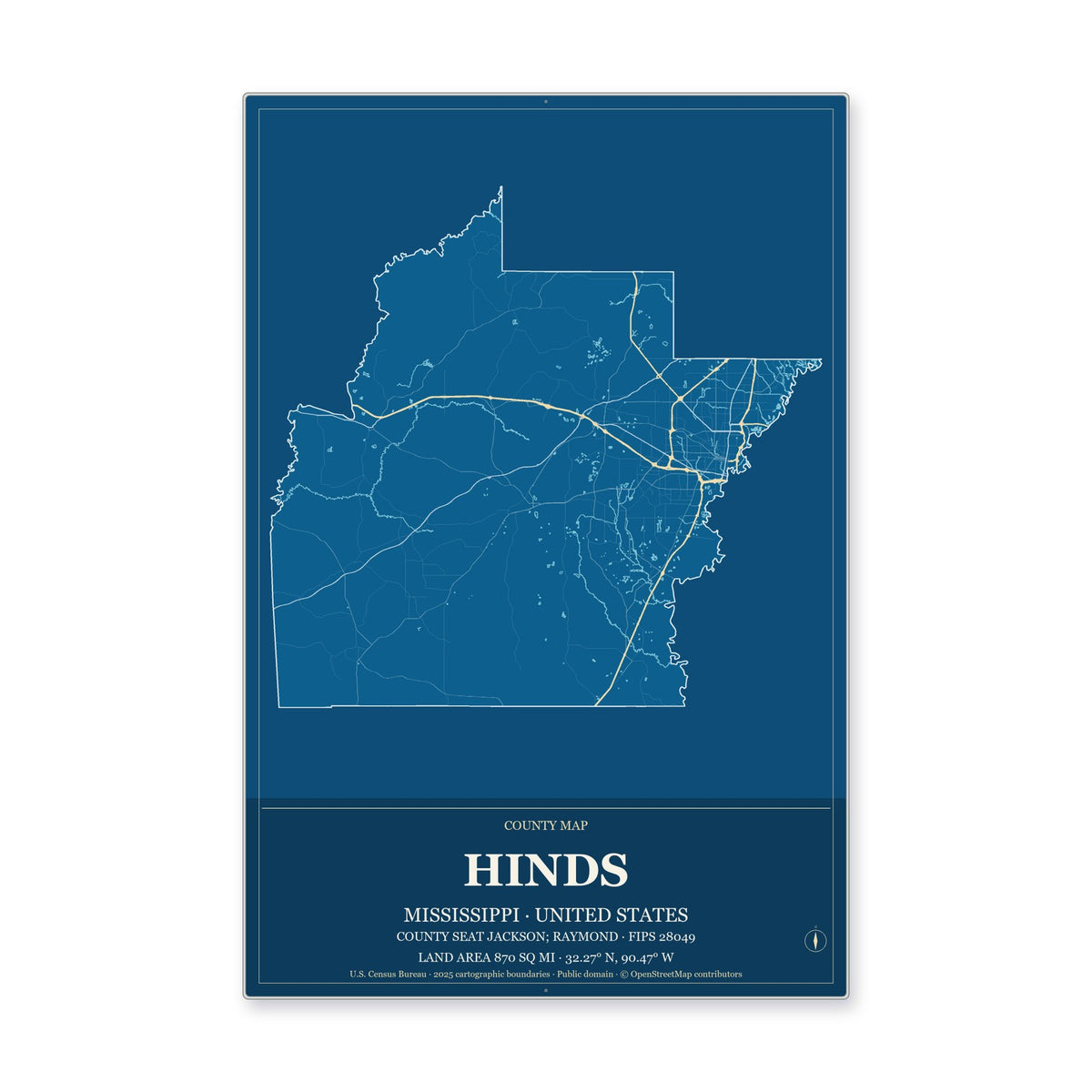 Hinds County, Mississippi Map Aluminum Sign in Harbor Cobalt style