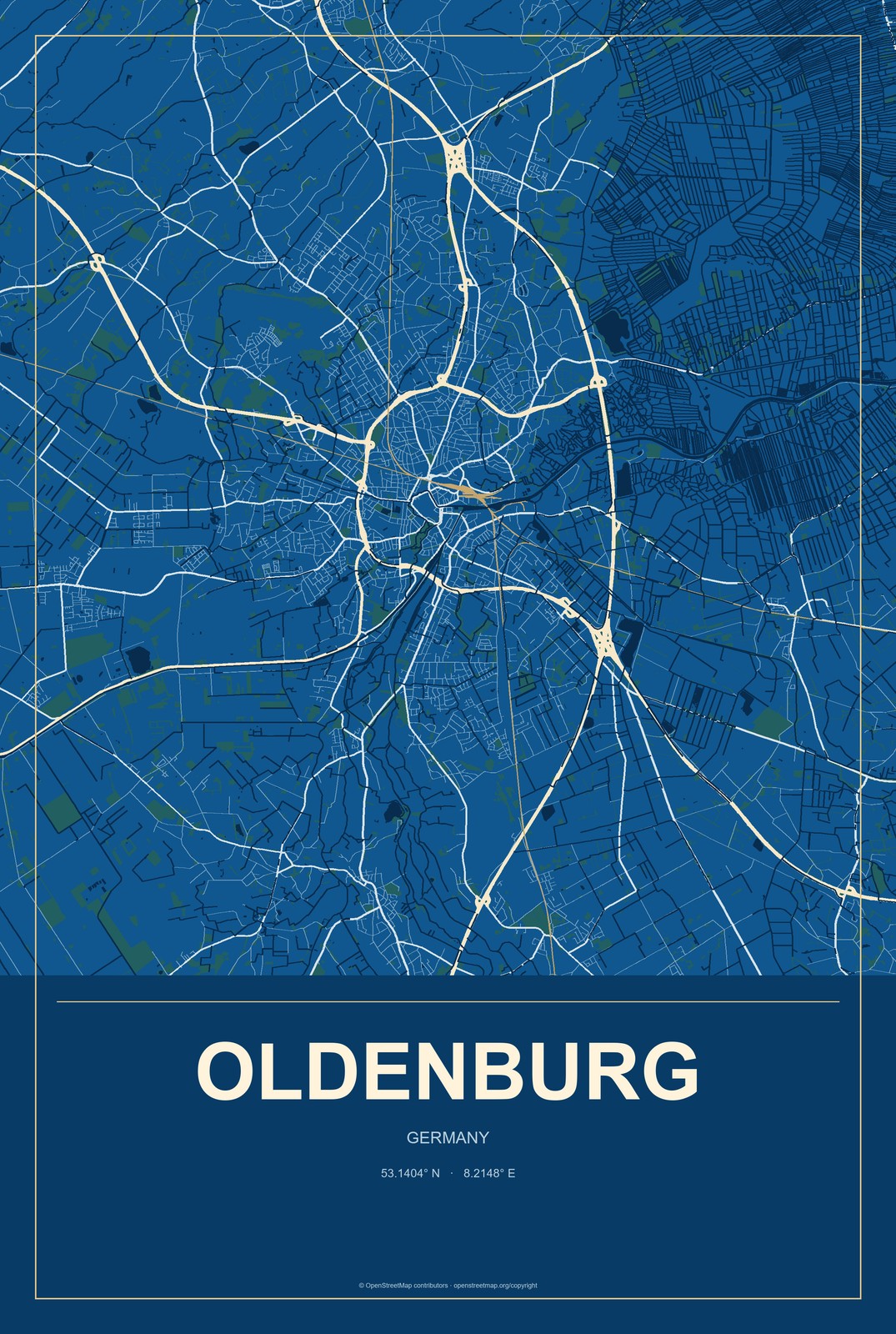 Oldenburg, Germany City Map Aluminum Sign in Harbor Cobalt style