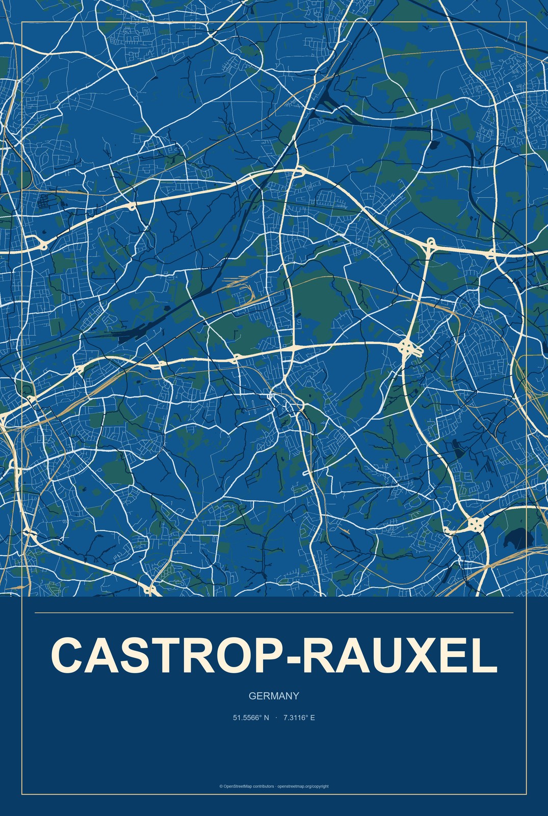 Castrop-Rauxel, Germany City Map Aluminum Sign in Harbor Cobalt style