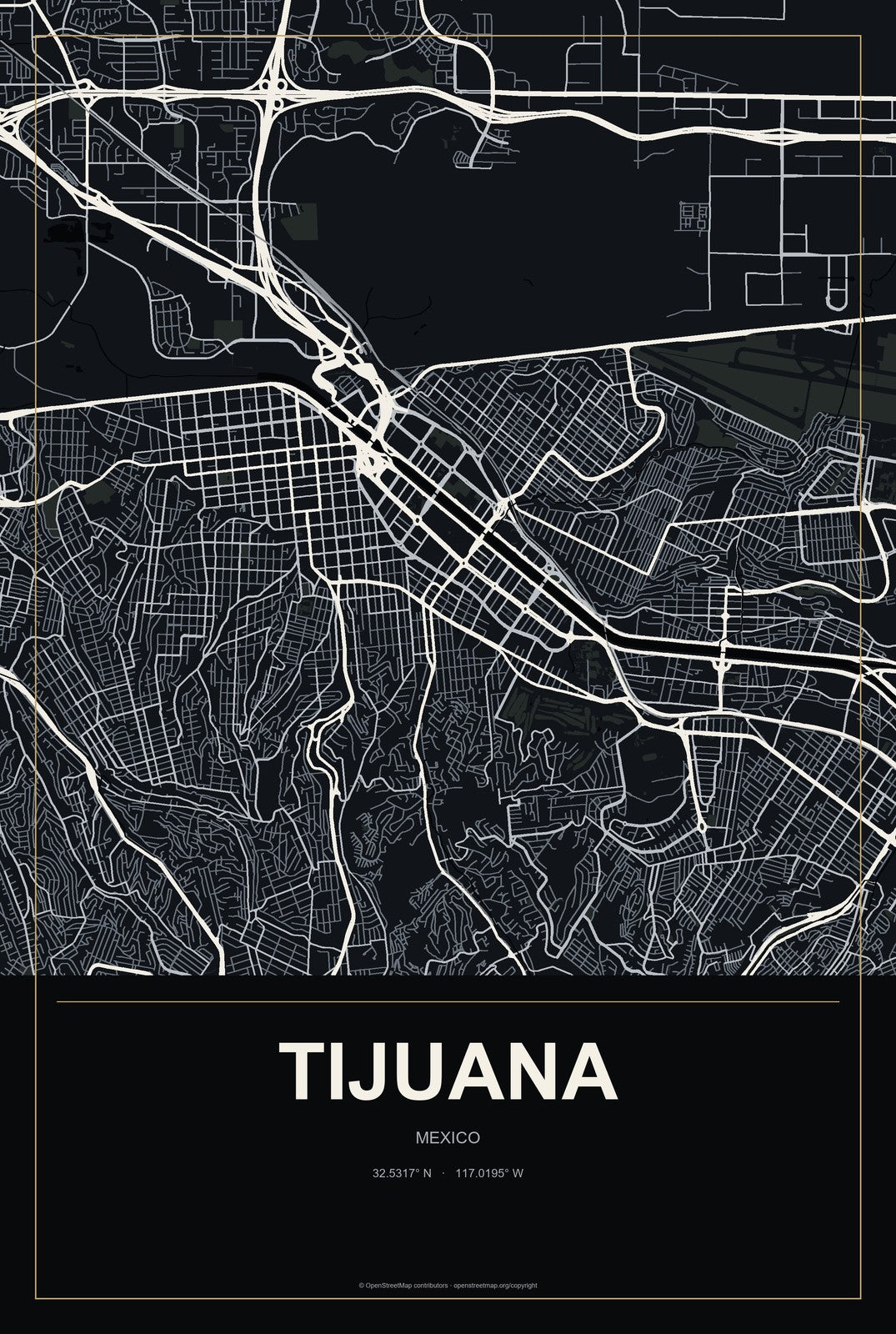 Tijuana, Mexico City Map Aluminum Sign in Metropolitan Noir style