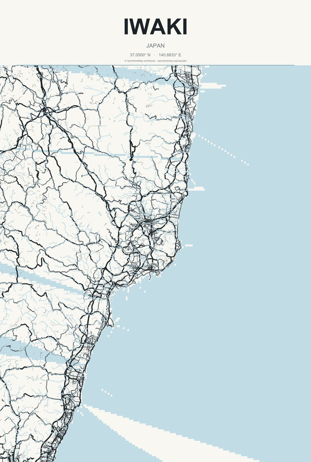 Iwaki, Japan City Map Aluminum Sign in Headline Atlas style