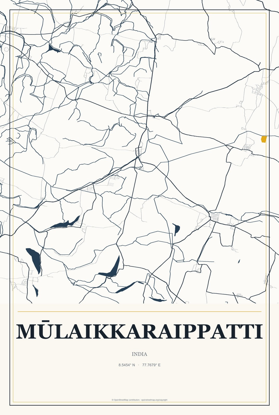 Mūlaikkaraippatti, India City Map Aluminum Sign in Citrine Modern style