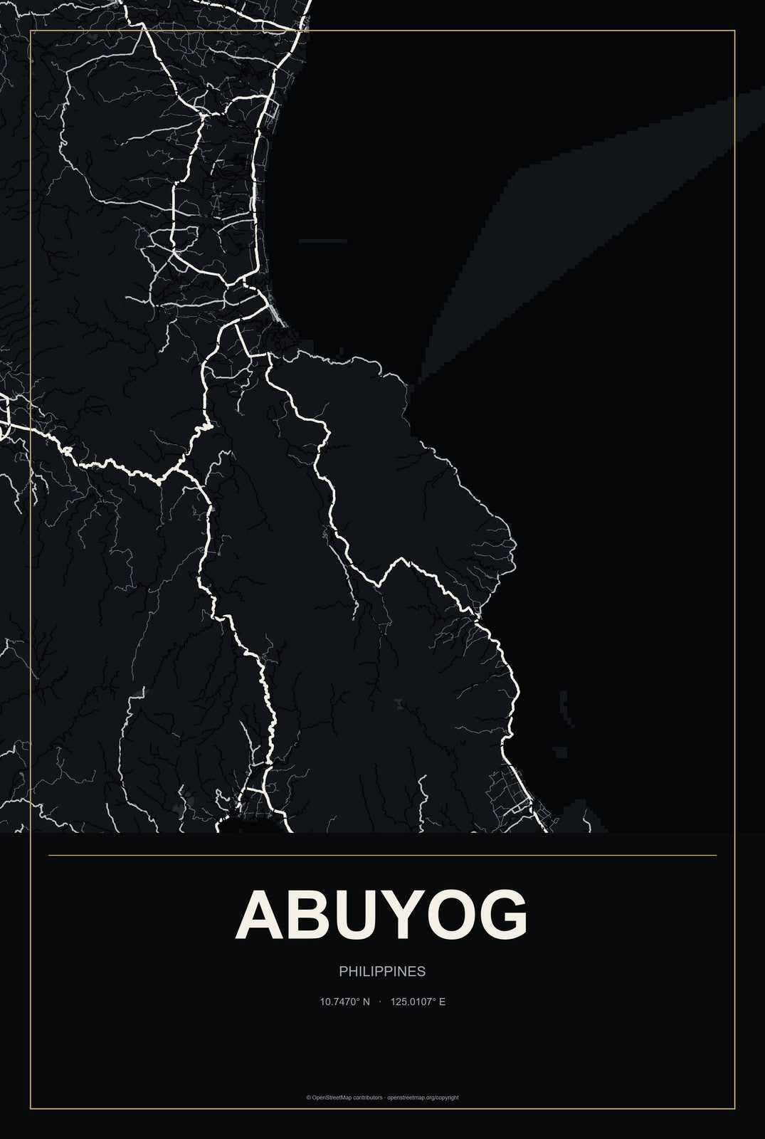 Abuyog, Philippines City Map Aluminum Sign in Metropolitan Noir style