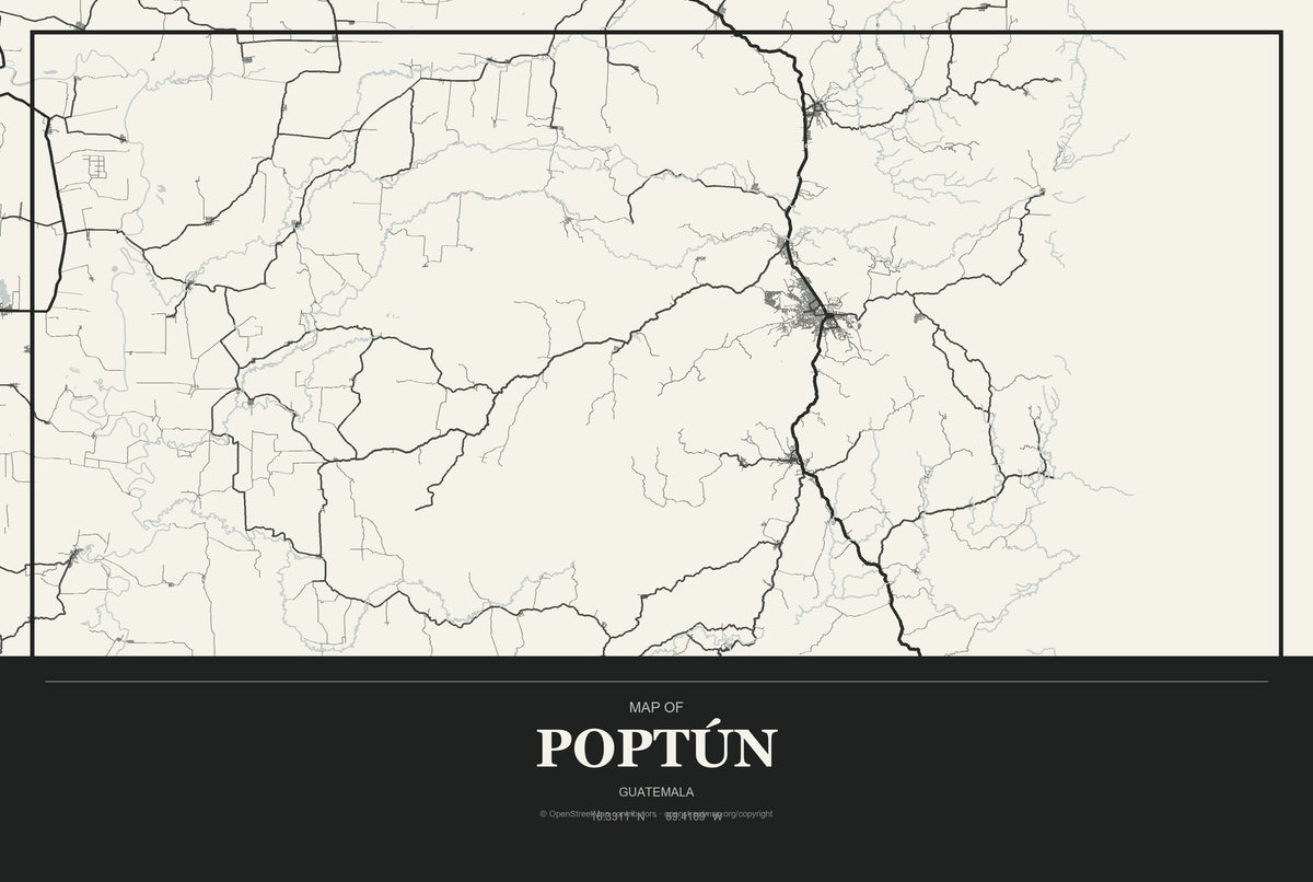 Poptún, Guatemala City Map Aluminum Sign in Museum Plaque style