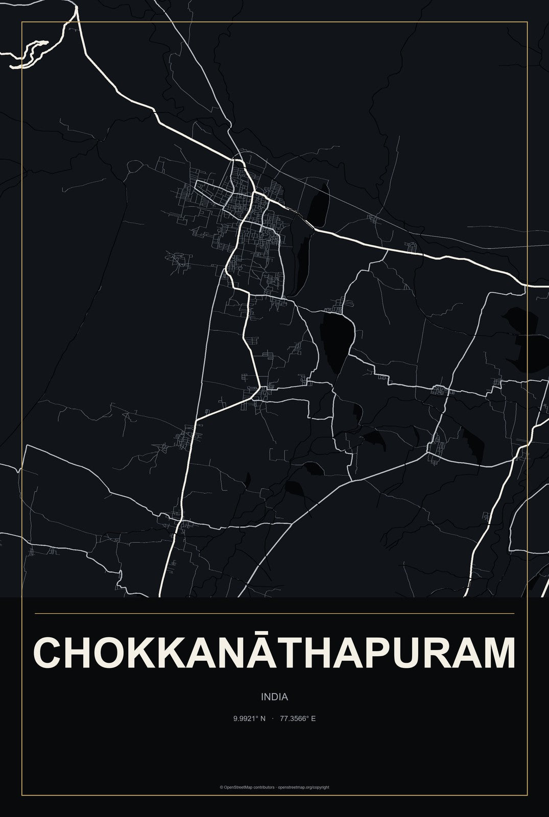 Chokkanāthapuram, India City Map Aluminum Sign in Metropolitan Noir style