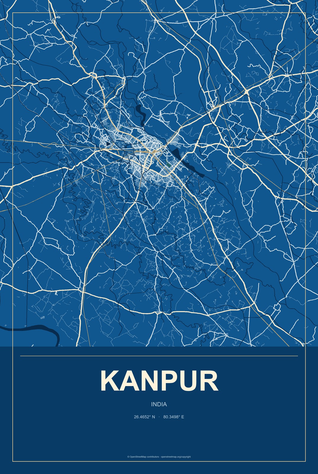 Kanpur, India City Map Aluminum Sign in Harbor Cobalt style