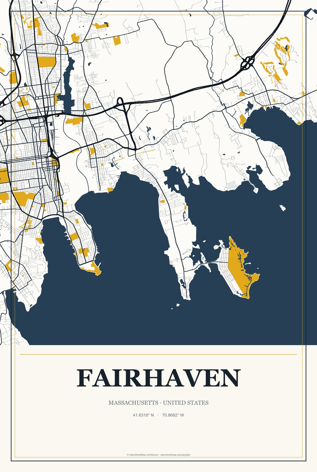 Fairhaven, Massachusetts City Map Aluminum Sign in Citrine Modern style