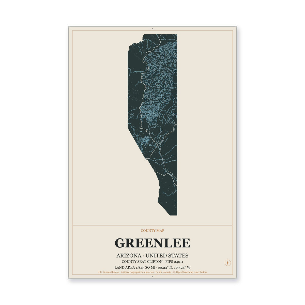 Greenlee County, Arizona Map Aluminum Sign in Headline Atlas style