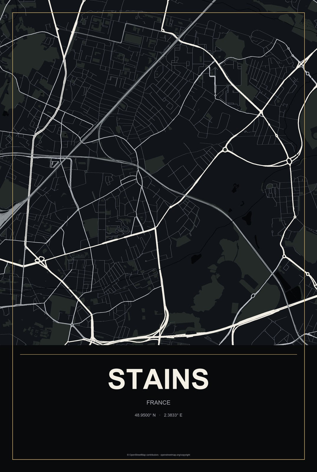 Stains, France City Map Aluminum Sign in Metropolitan Noir style