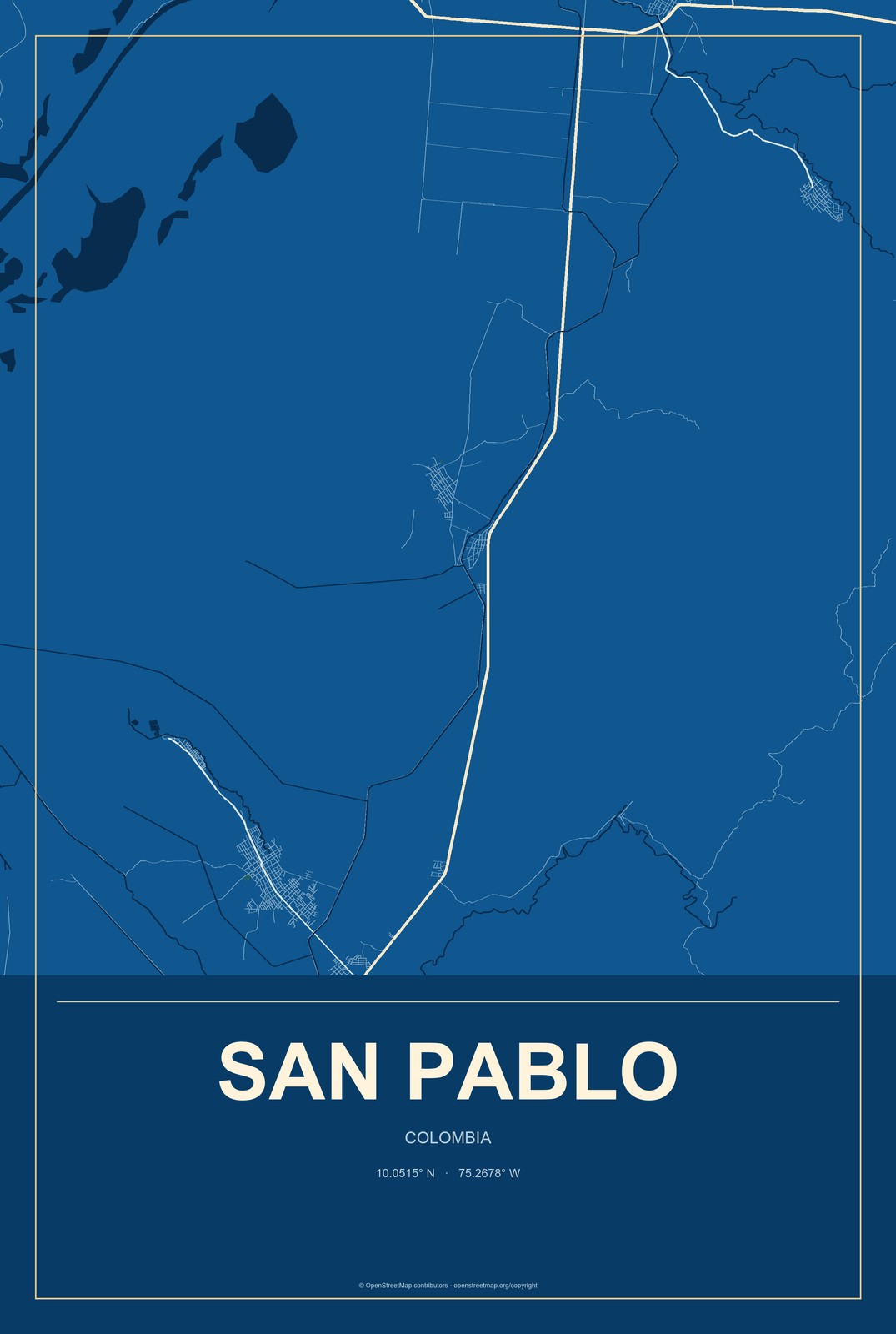 San Pablo, Colombia City Map Aluminum Sign in Harbor Cobalt style