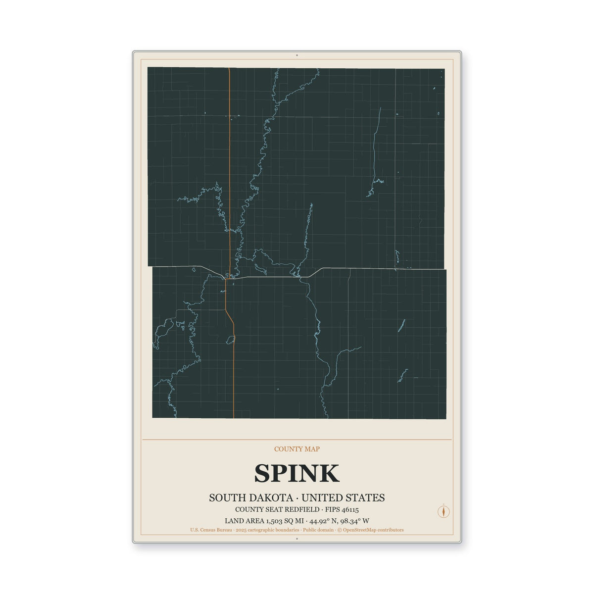 Spink County, South Dakota Map Aluminum Sign in Headline Atlas style