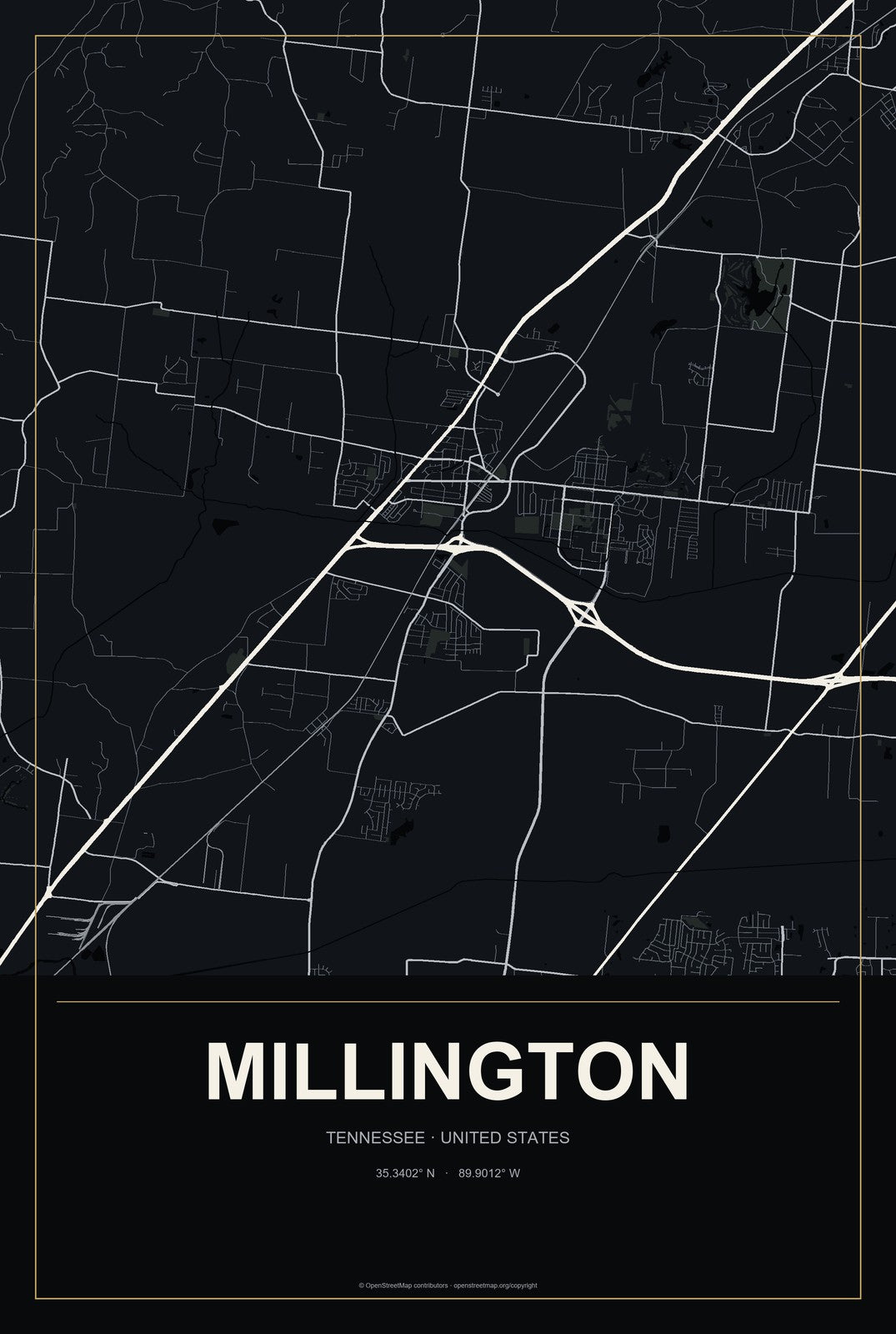 Millington, Tennessee City Map Aluminum Sign in Metropolitan Noir style