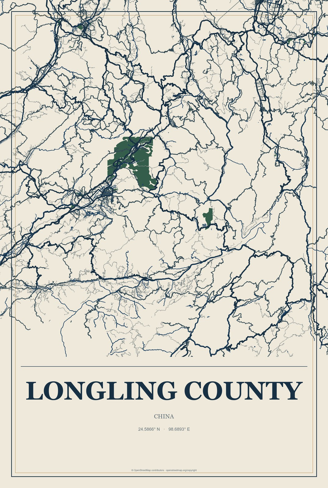 Longling County, China City Map Aluminum Sign in Coastal Cutout style