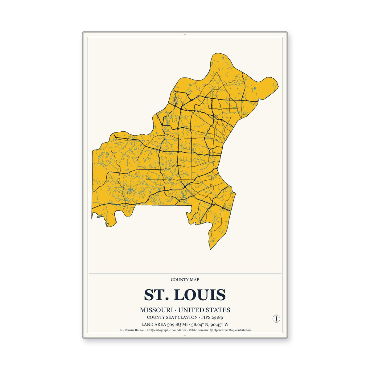 St. Louis County, Missouri Map Aluminum Sign in Citrine Modern style