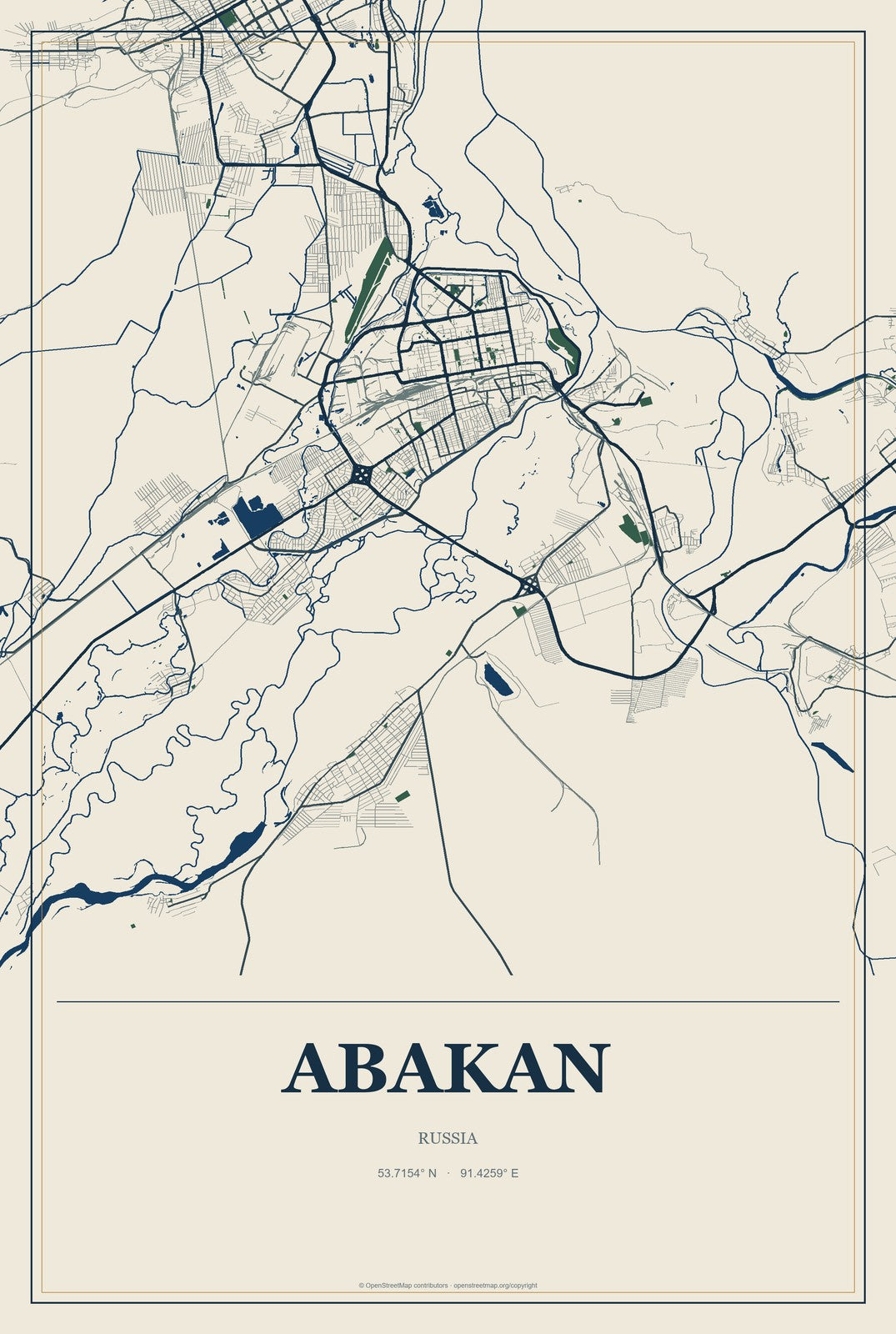 Abakan, Russia City Map Aluminum Sign in Coastal Cutout style
