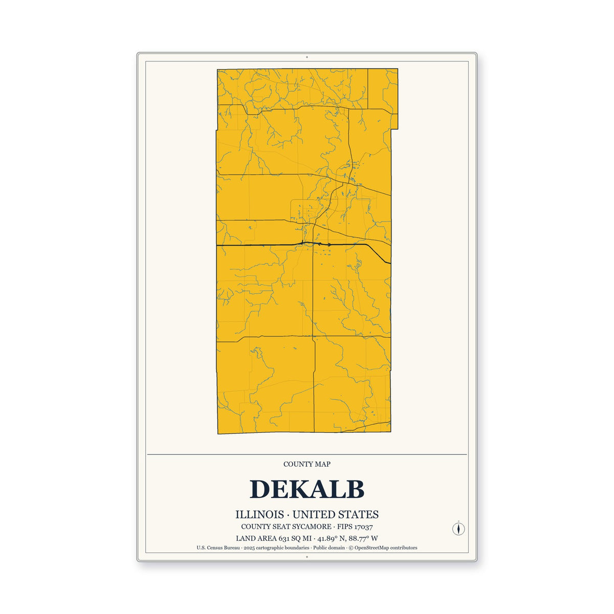 DeKalb County, Illinois Map Aluminum Sign in Citrine Modern style