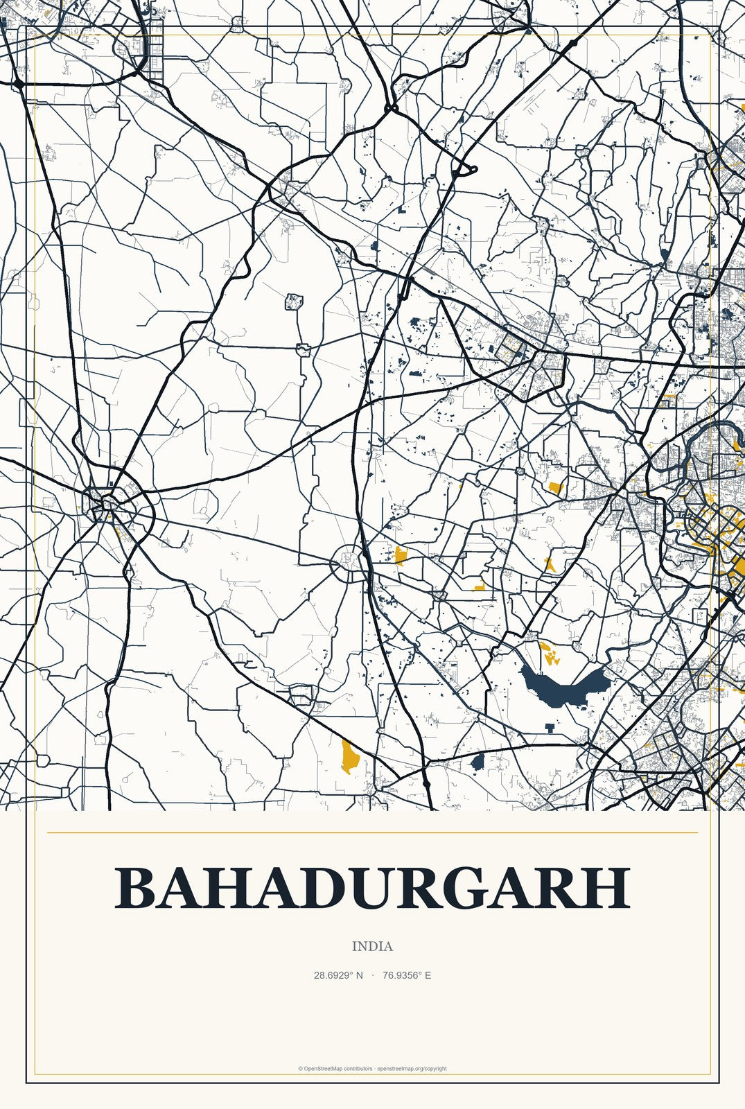 Bahadurgarh, India City Map Aluminum Sign in Citrine Modern style