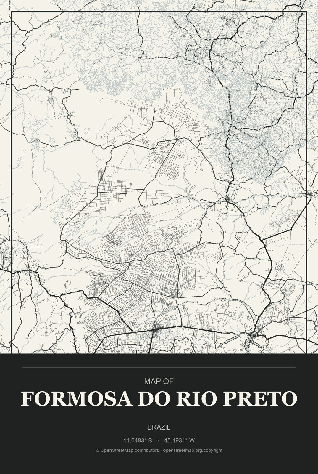 Formosa do Rio Preto, Brazil City Map Aluminum Sign in Museum Plaque style