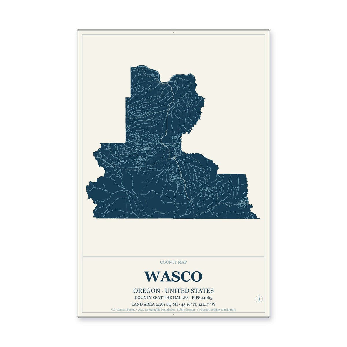 Wasco County, Oregon Map Aluminum Sign in Coastal Cutout style