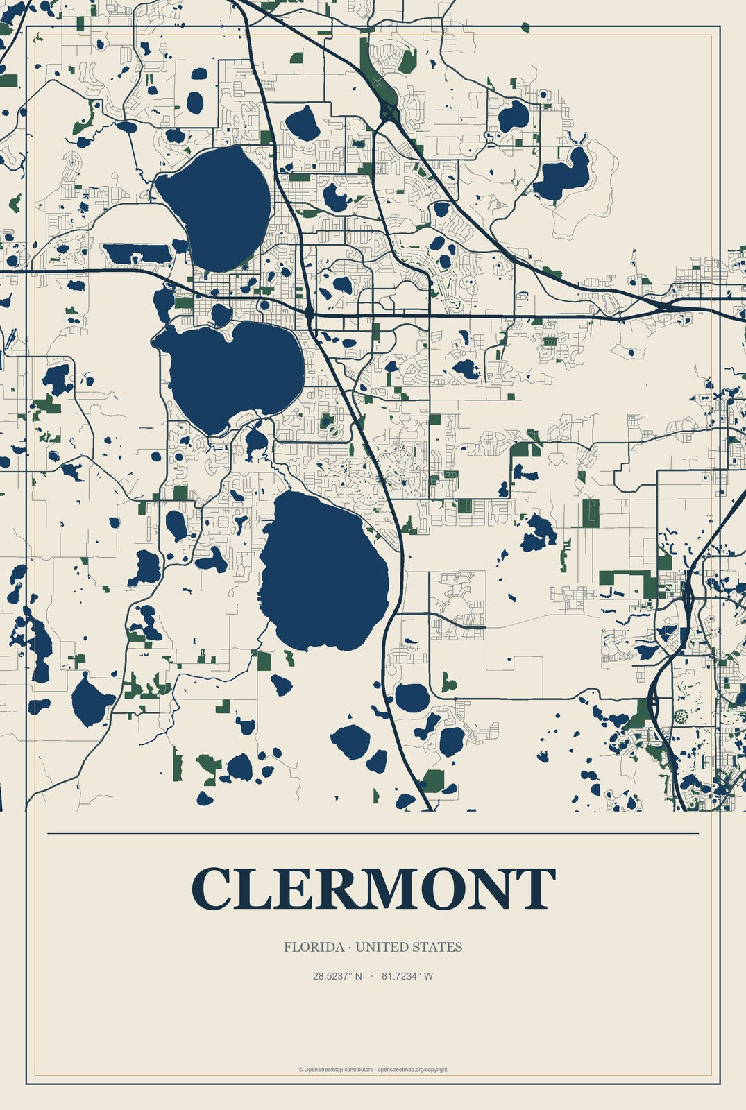Clermont, Florida City Map Aluminum Sign in Coastal Cutout style