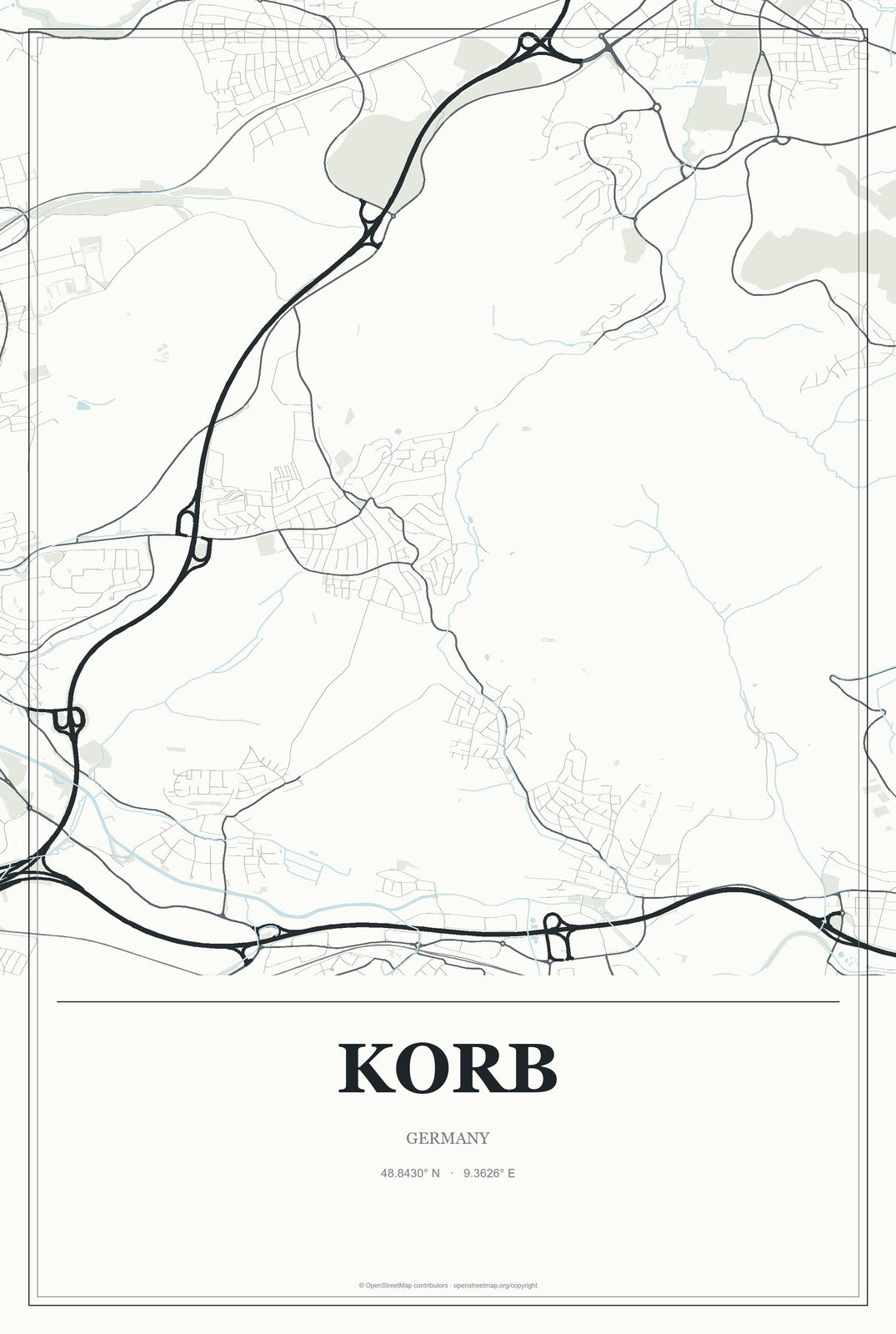 Korb, Germany City Map Aluminum Sign in Gallery Air style