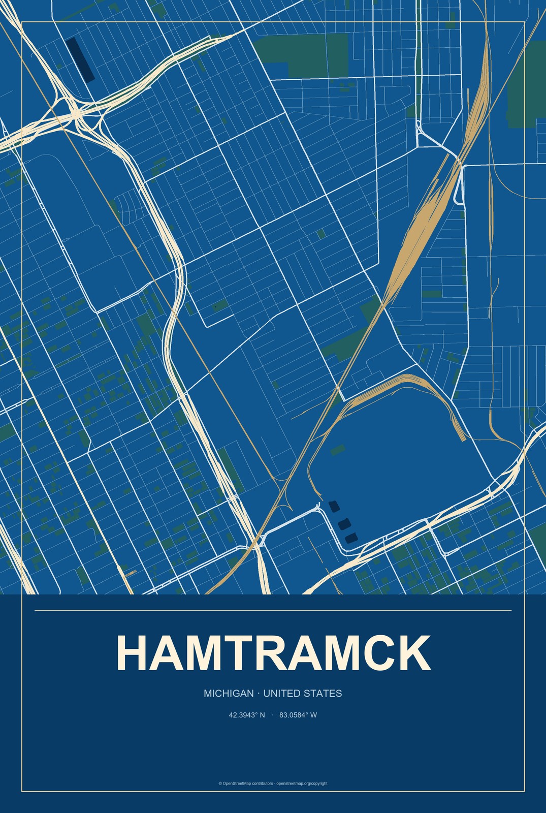 Hamtramck, Michigan City Map Aluminum Sign in Harbor Cobalt style