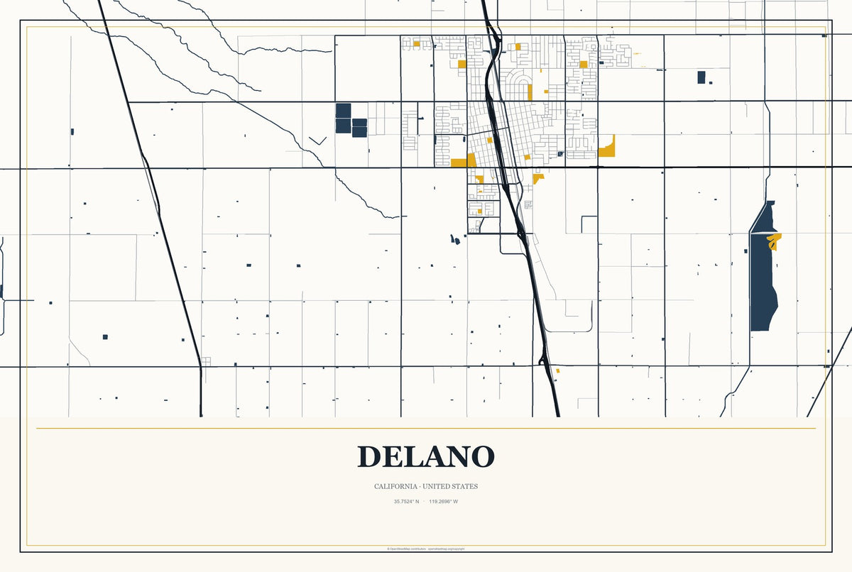 Delano, California City Map Aluminum Sign in Citrine Modern style