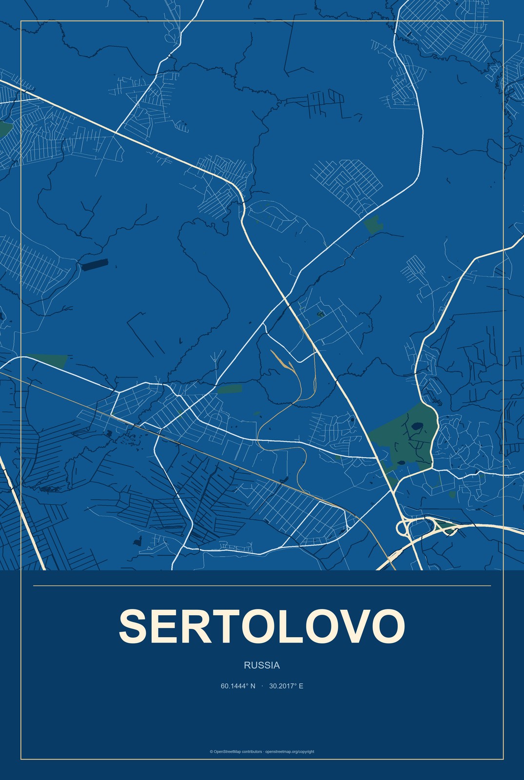 Sertolovo, Russia City Map Aluminum Sign in Harbor Cobalt style