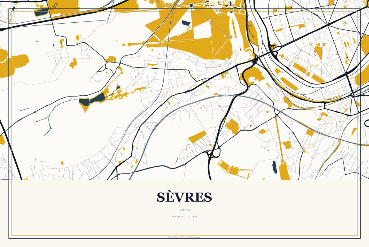 Sèvres, France City Map Aluminum Sign in Citrine Modern style